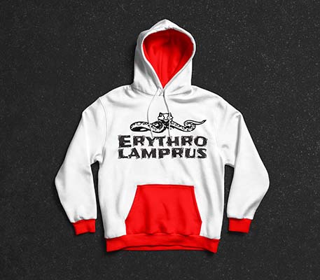 A red and white hooded sweatshirt that has a snake and the band name on it.