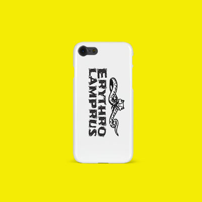 White iPhone case with band logo on it in front of a yellow background.