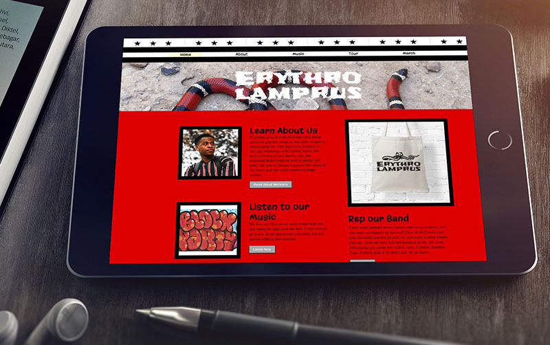 black ipad with showing a website with a red background showing images of a totebag that says erythrolamprus.