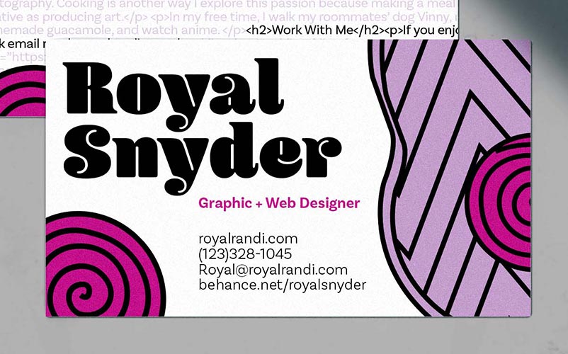 business card with the name royal snyder and contact info, along with magenta spiral and lilac avocado illustration