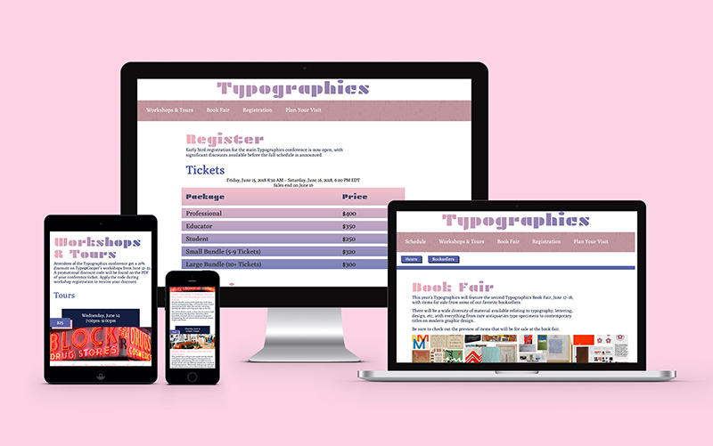 A phone, tablet, macbook, and computer monitor displaying the typographics website.