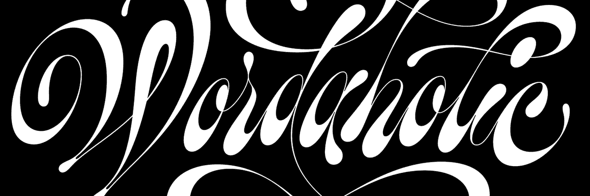 white scpript on black background that spells woordaholic
